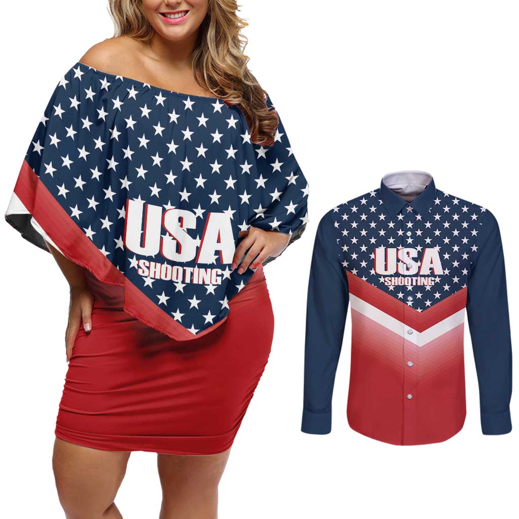 Custom USA Shooting Couples Matching Off Shoulder Short Dress and Long Sleeve Button Shirt 2024 Sporty Style - Wonder Print Shop