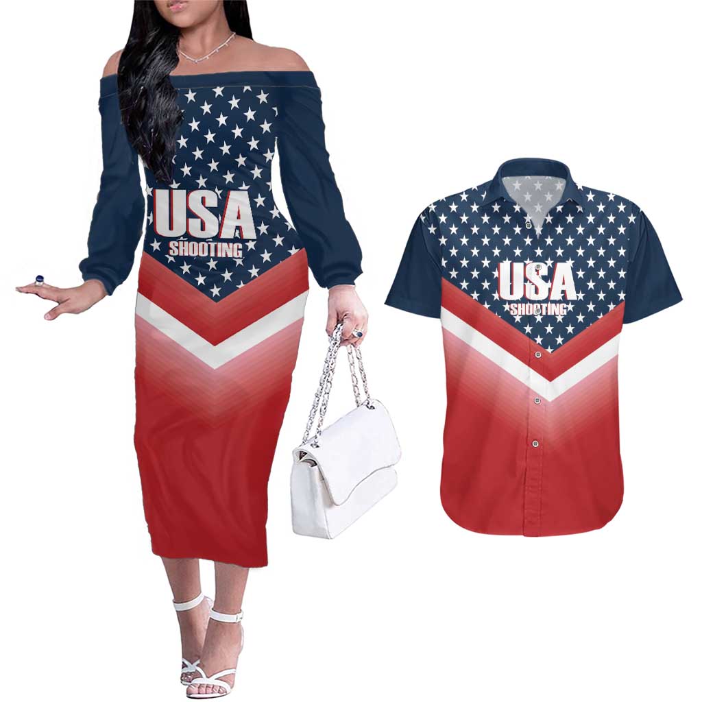 Custom USA Shooting Couples Matching Off The Shoulder Long Sleeve Dress and Hawaiian Shirt 2024 Sporty Style - Wonder Print Shop