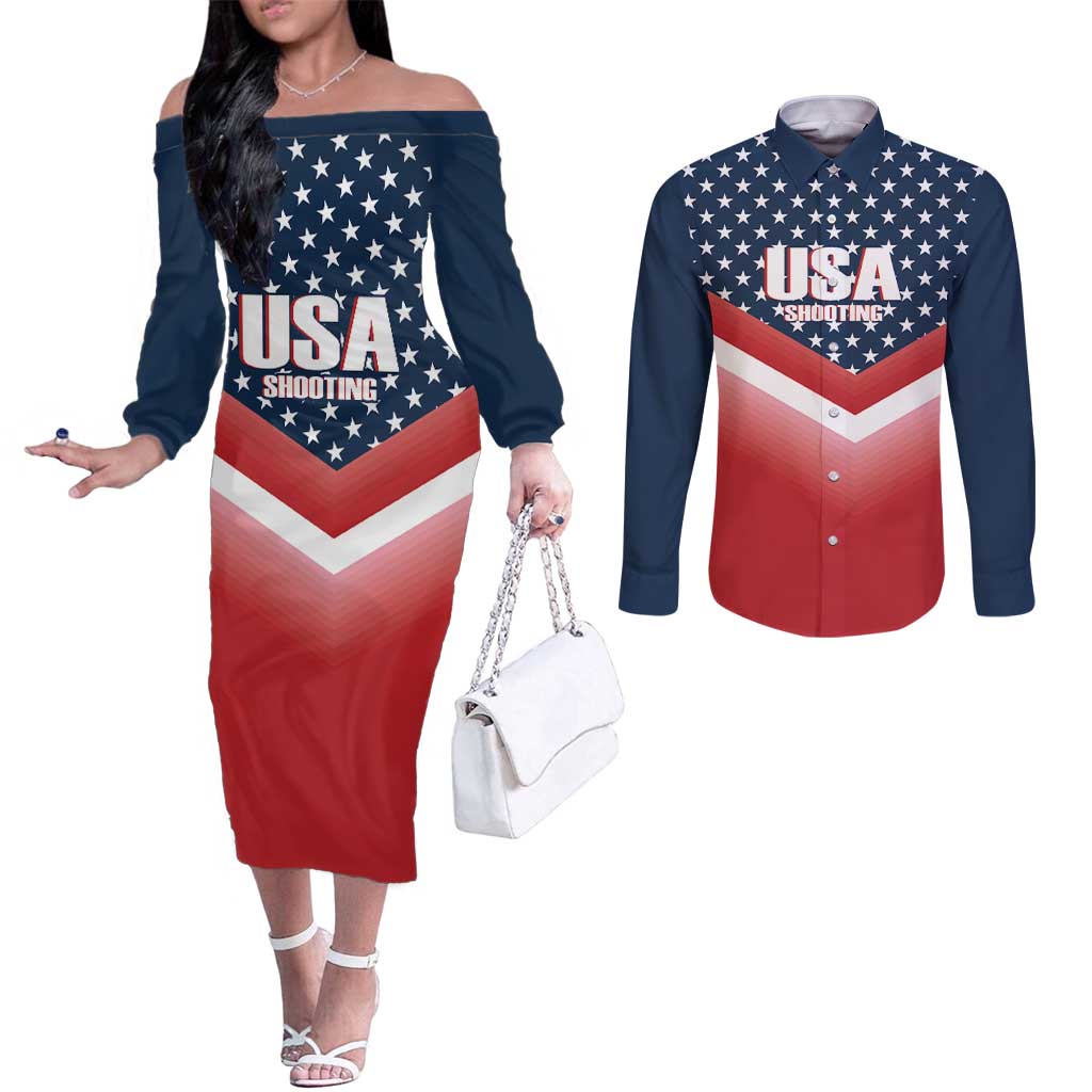 Custom USA Shooting Couples Matching Off The Shoulder Long Sleeve Dress and Long Sleeve Button Shirt 2024 Sporty Style