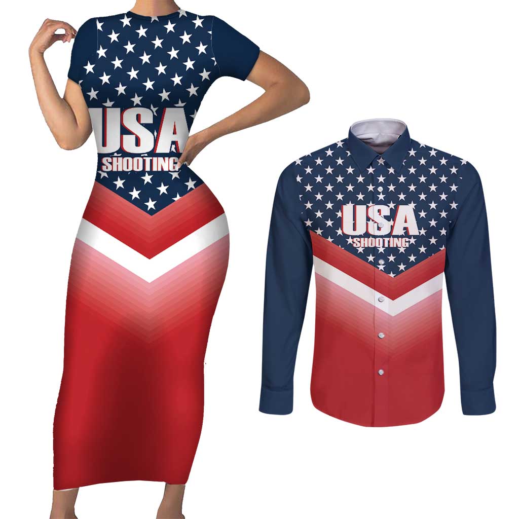 Custom USA Shooting Couples Matching Short Sleeve Bodycon Dress and Long Sleeve Button Shirt 2024 Sporty Style - Wonder Print Shop