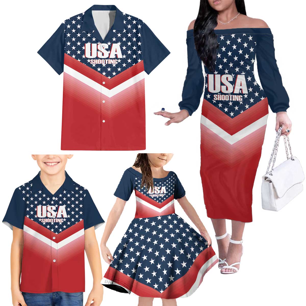Custom USA Shooting Family Matching Off The Shoulder Long Sleeve Dress and Hawaiian Shirt 2024 Sporty Style - Wonder Print Shop