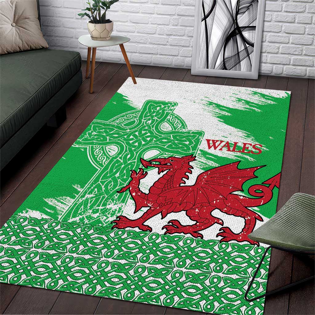 Grunge Green Wales Area Rug Celtic Cross Welsh Red Dragon - Wonder Print Shop