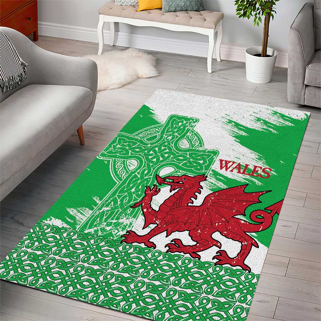 Grunge Green Wales Area Rug Celtic Cross Welsh Red Dragon - Wonder Print Shop