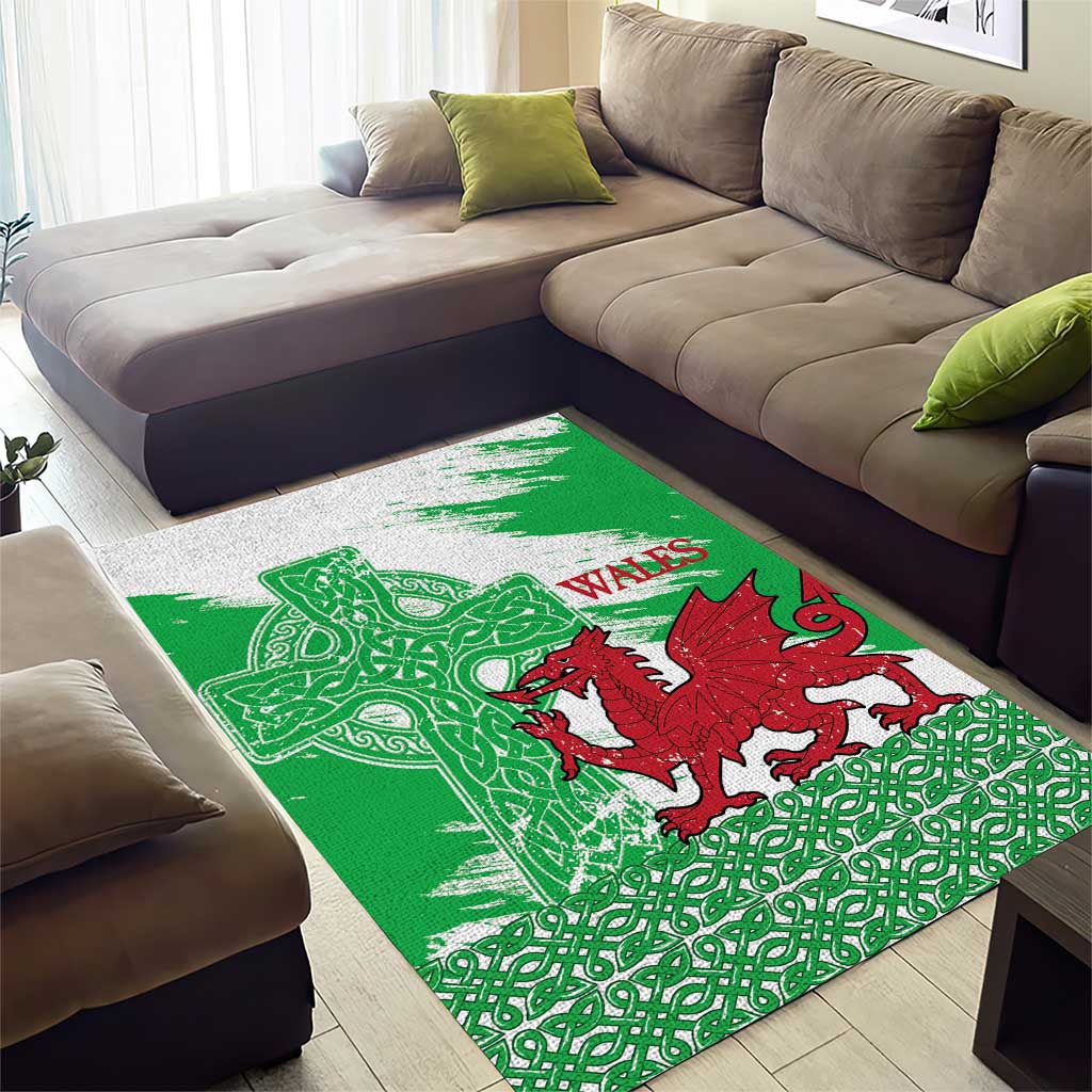 Grunge Green Wales Area Rug Celtic Cross Welsh Red Dragon - Wonder Print Shop