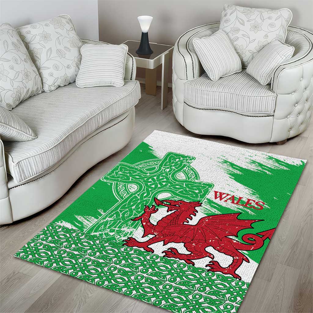 Grunge Green Wales Area Rug Celtic Cross Welsh Red Dragon - Wonder Print Shop