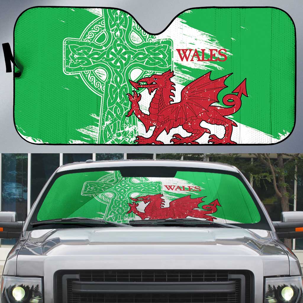 Grunge Green Wales Auto Sun Shade Celtic Cross Welsh Red Dragon - Wonder Print Shop