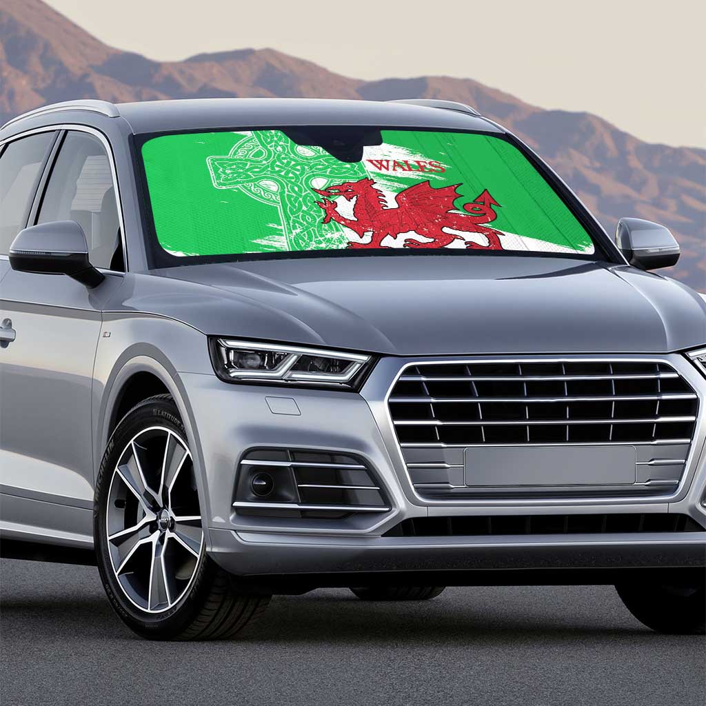 Grunge Green Wales Auto Sun Shade Celtic Cross Welsh Red Dragon - Wonder Print Shop