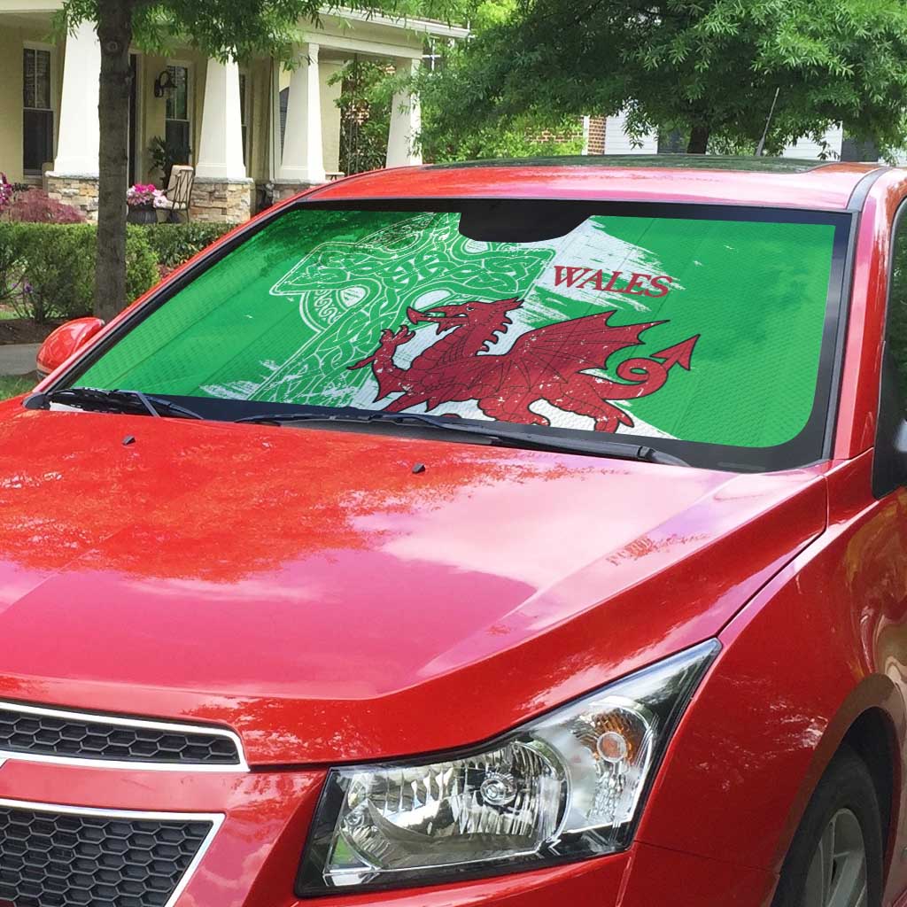 Grunge Green Wales Auto Sun Shade Celtic Cross Welsh Red Dragon - Wonder Print Shop