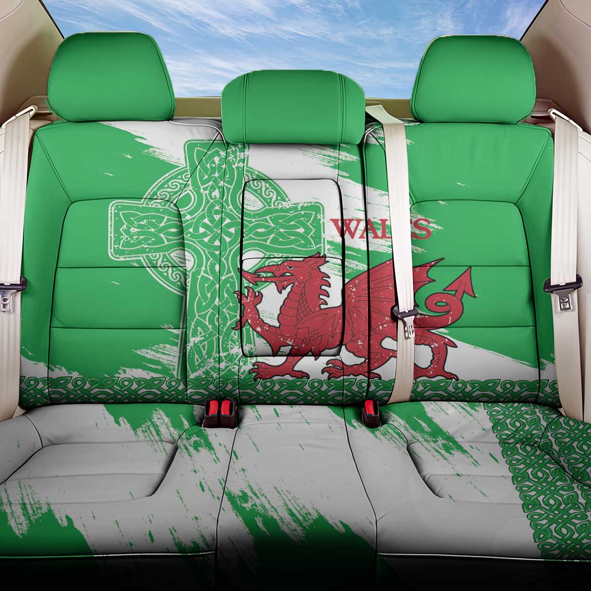 Grunge Green Wales Back Car Seat Cover Celtic Cross Welsh Red Dragon - Wonder Print Shop