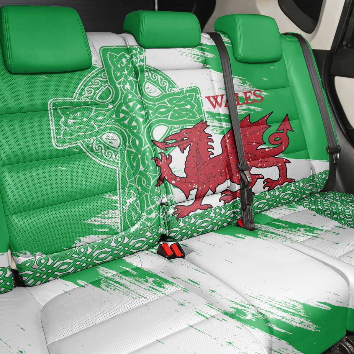 Grunge Green Wales Back Car Seat Cover Celtic Cross Welsh Red Dragon - Wonder Print Shop