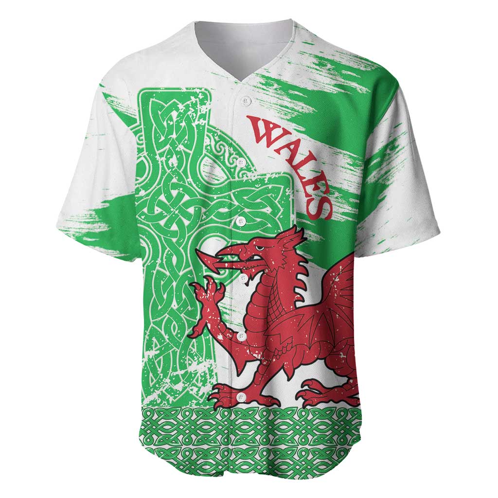 Grunge Green Wales Baseball Jersey Celtic Cross Welsh Red Dragon - Wonder Print Shop