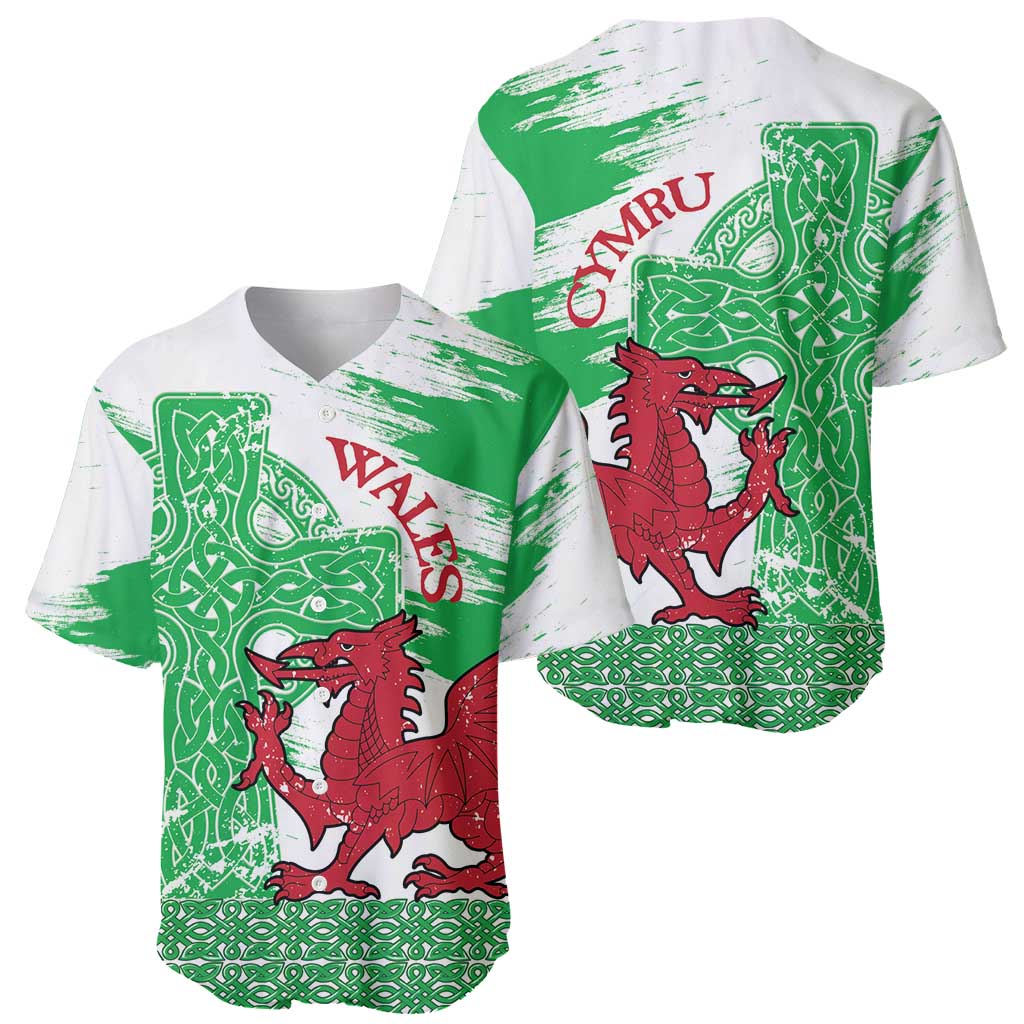 Grunge Green Wales Baseball Jersey Celtic Cross Welsh Red Dragon - Wonder Print Shop