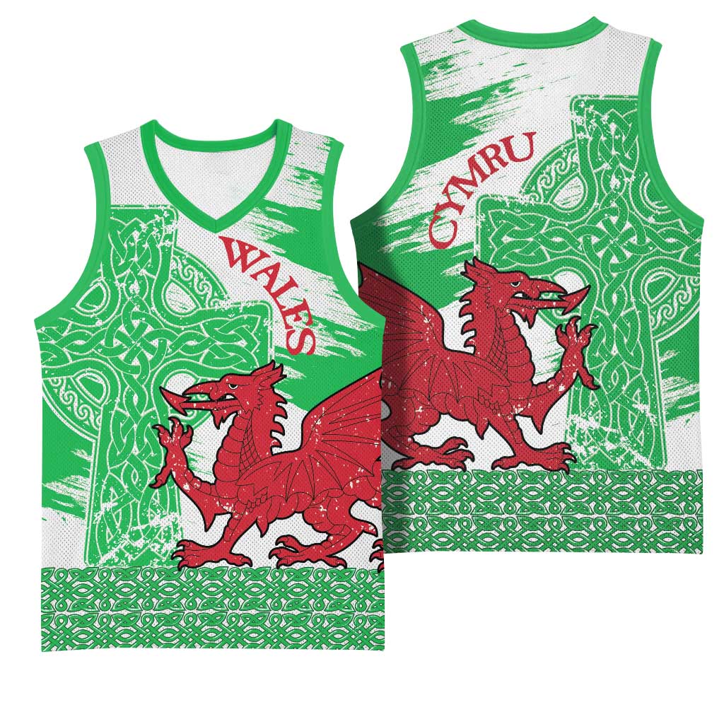 Grunge Green Wales Basketball Jersey Celtic Cross Welsh Red Dragon - Wonder Print Shop