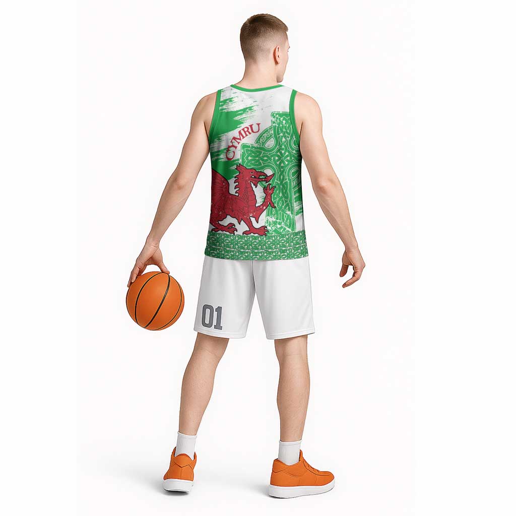 Grunge Green Wales Basketball Jersey Celtic Cross Welsh Red Dragon - Wonder Print Shop
