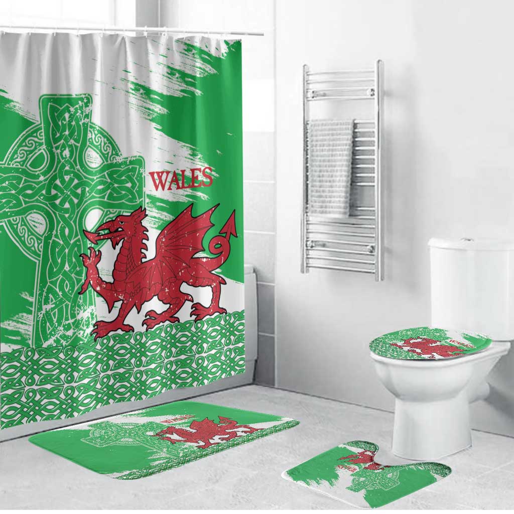 Grunge Green Wales Bathroom Set Celtic Cross Welsh Red Dragon - Wonder Print Shop