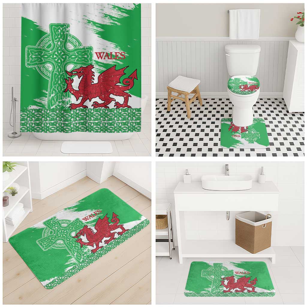 Grunge Green Wales Bathroom Set Celtic Cross Welsh Red Dragon - Wonder Print Shop