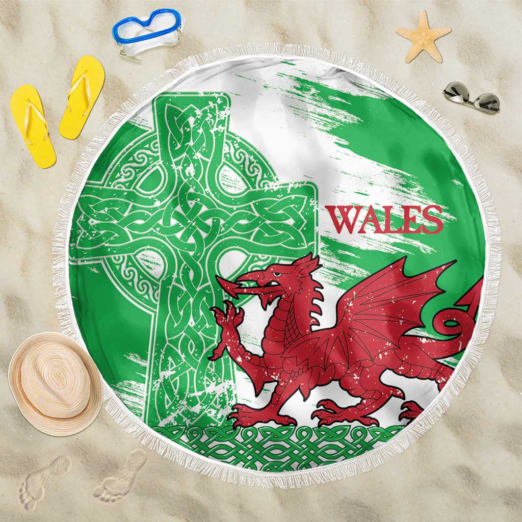Grunge Green Wales Beach Blanket Celtic Cross Welsh Red Dragon - Wonder Print Shop