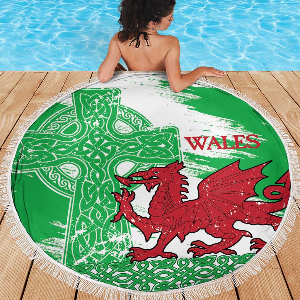 Grunge Green Wales Beach Blanket Celtic Cross Welsh Red Dragon - Wonder Print Shop