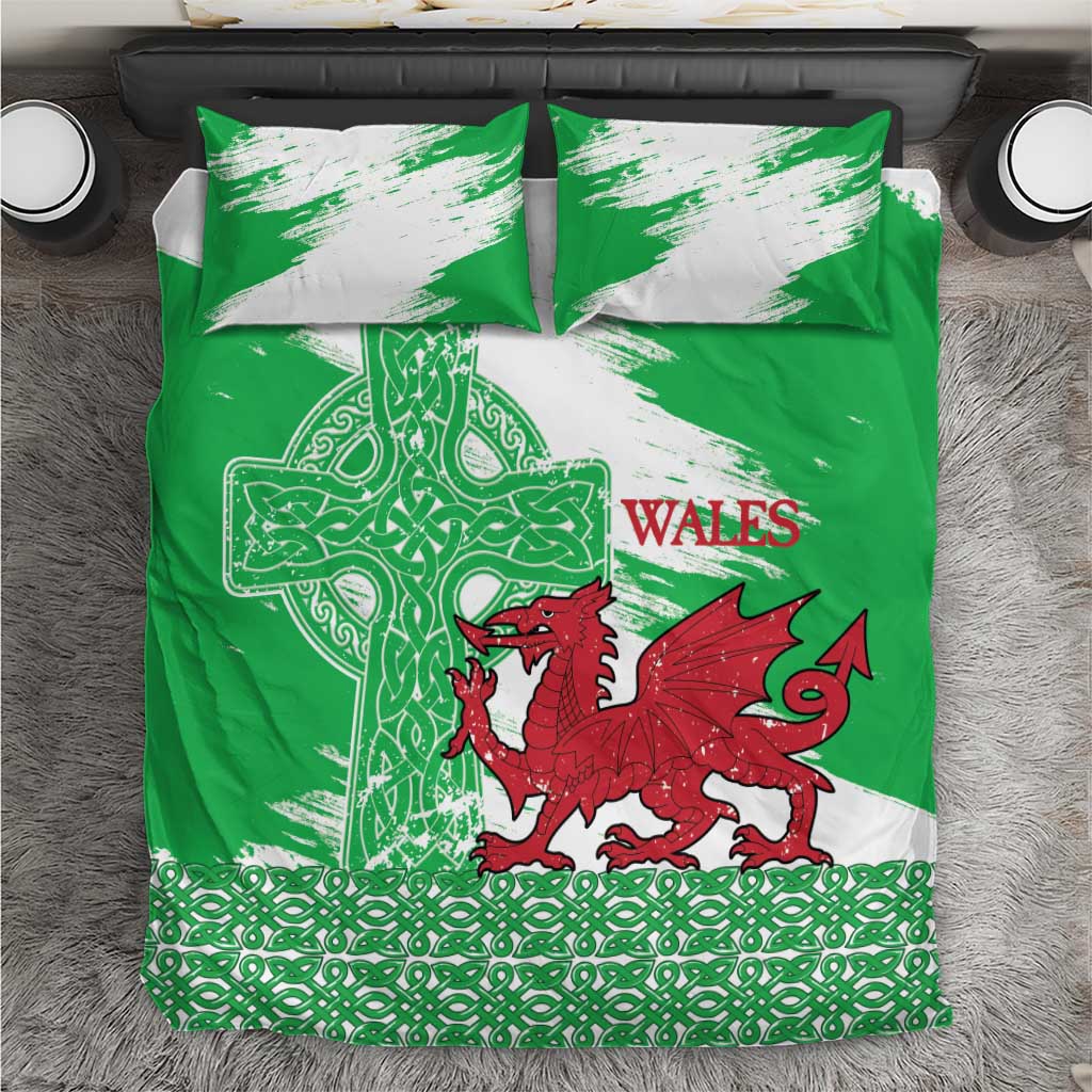 Grunge Green Wales Bedding Set Celtic Cross Welsh Red Dragon - Wonder Print Shop