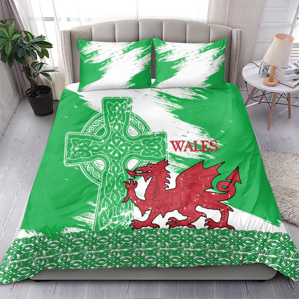 Grunge Green Wales Bedding Set Celtic Cross Welsh Red Dragon - Wonder Print Shop