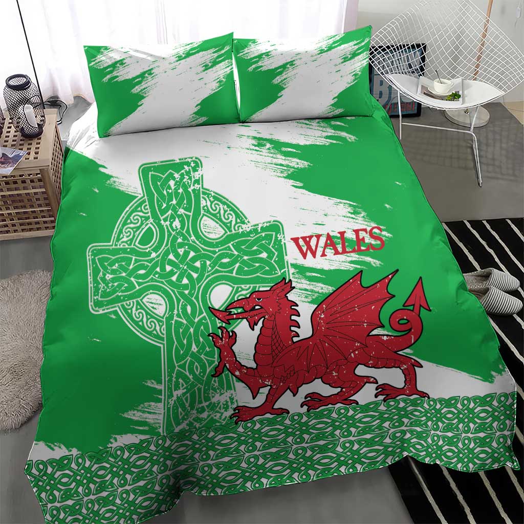 Grunge Green Wales Bedding Set Celtic Cross Welsh Red Dragon - Wonder Print Shop