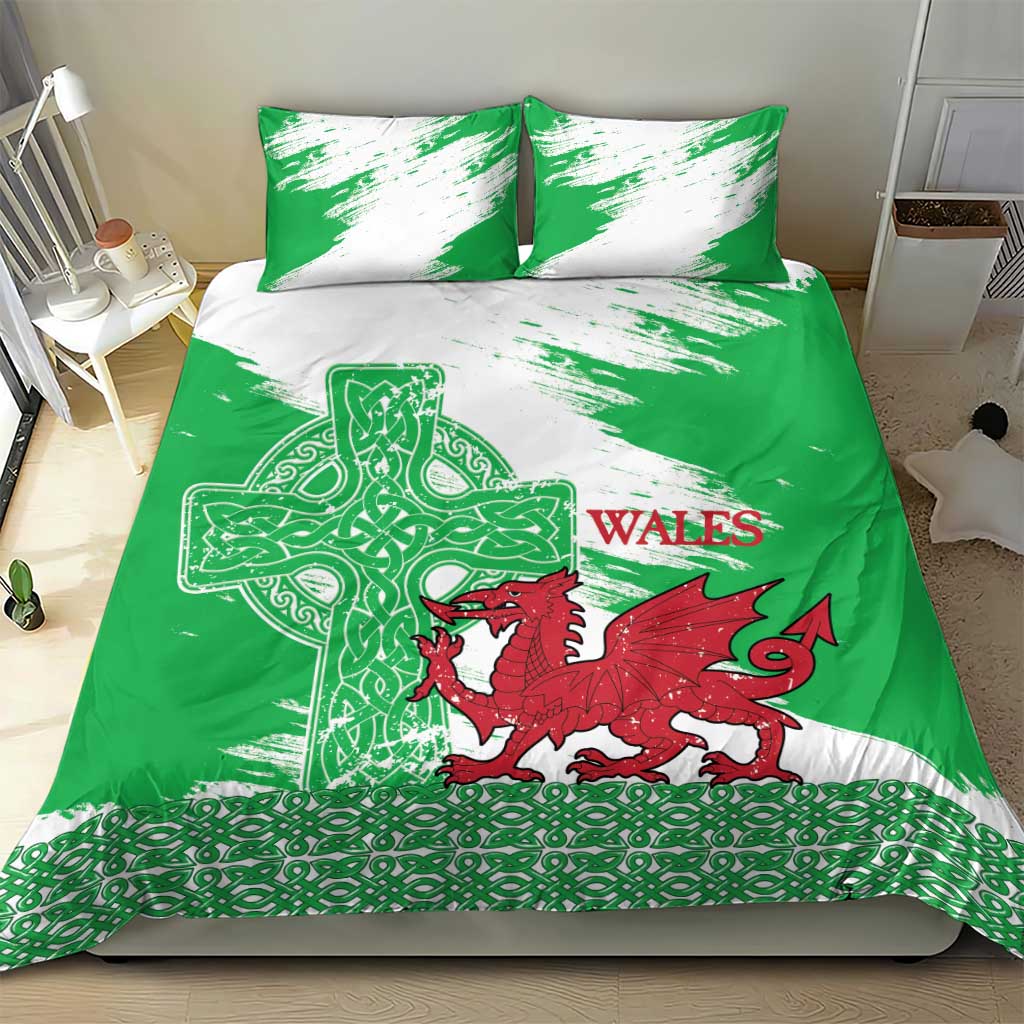 Grunge Green Wales Bedding Set Celtic Cross Welsh Red Dragon - Wonder Print Shop