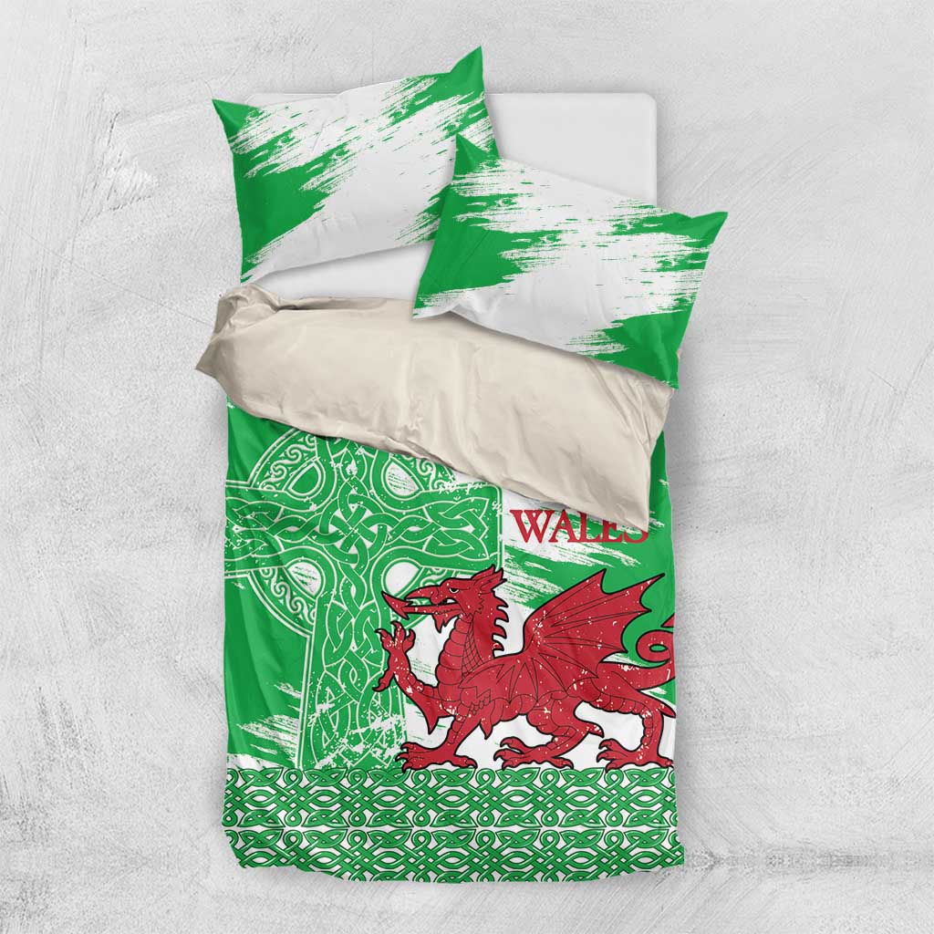 Grunge Green Wales Bedding Set Celtic Cross Welsh Red Dragon - Wonder Print Shop
