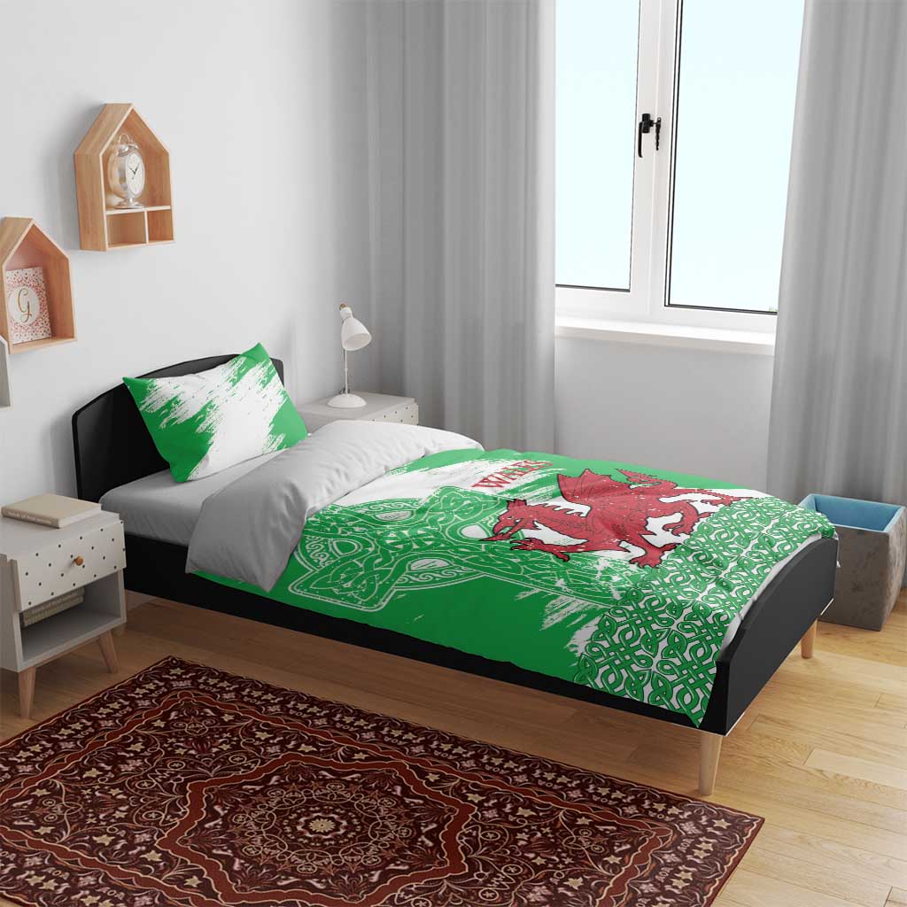 Grunge Green Wales Bedding Set Celtic Cross Welsh Red Dragon - Wonder Print Shop