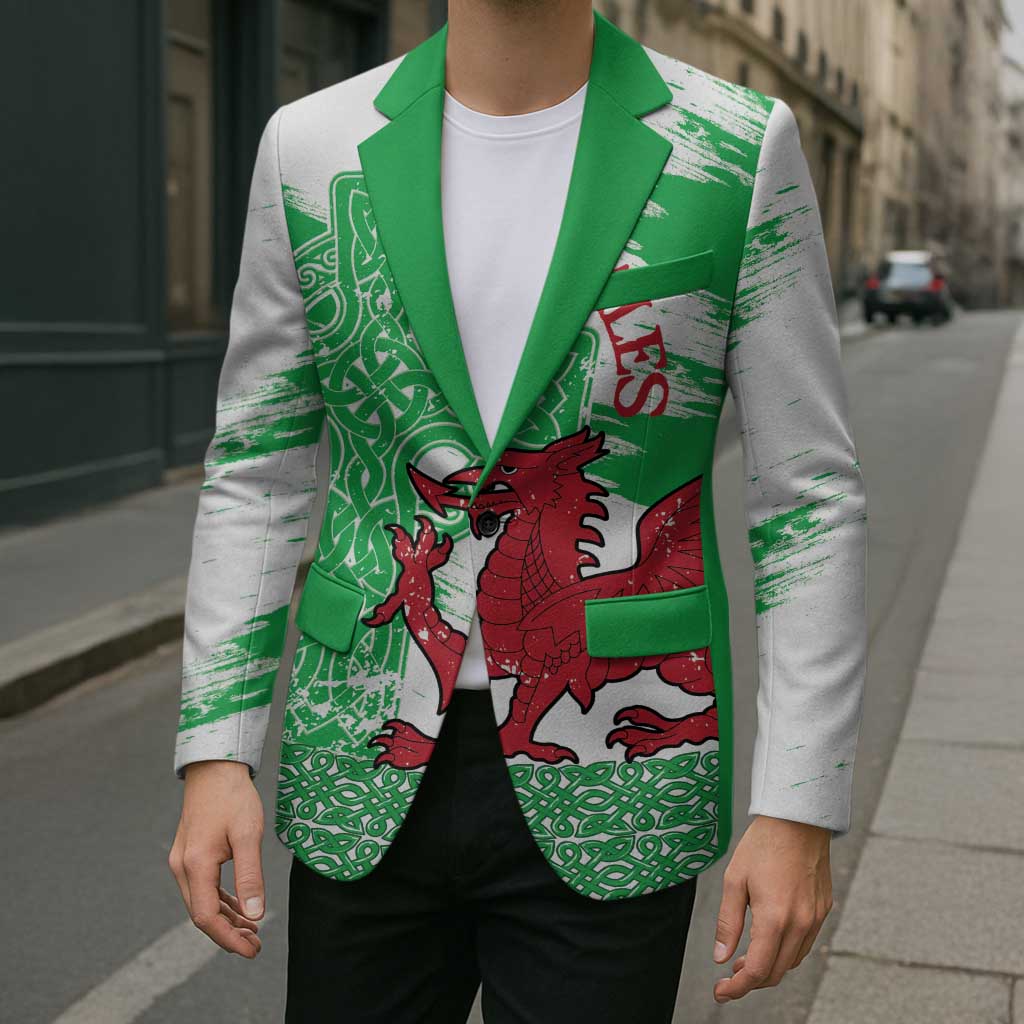 Grunge Green Wales Blazer Celtic Cross Welsh Red Dragon - Wonder Print Shop