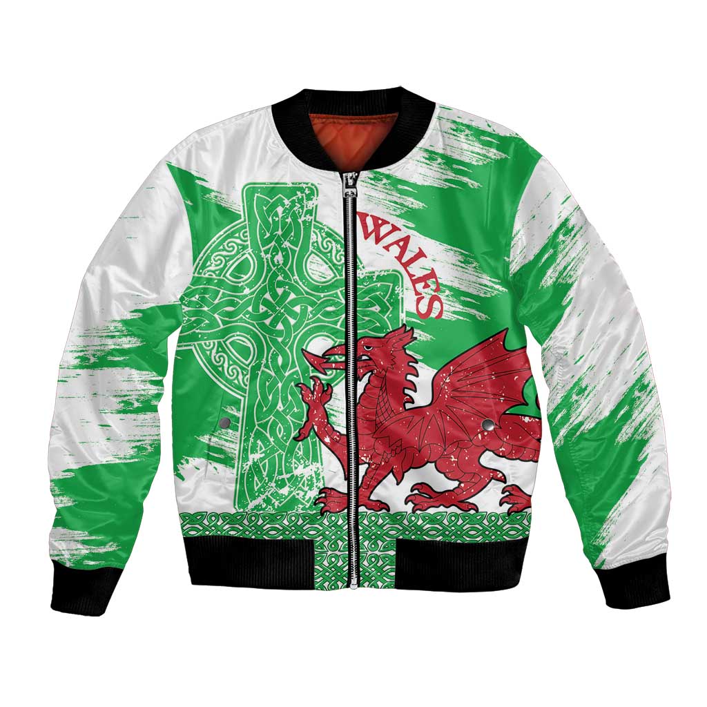 Grunge Green Wales Bomber Jacket Celtic Cross Welsh Red Dragon - Wonder Print Shop