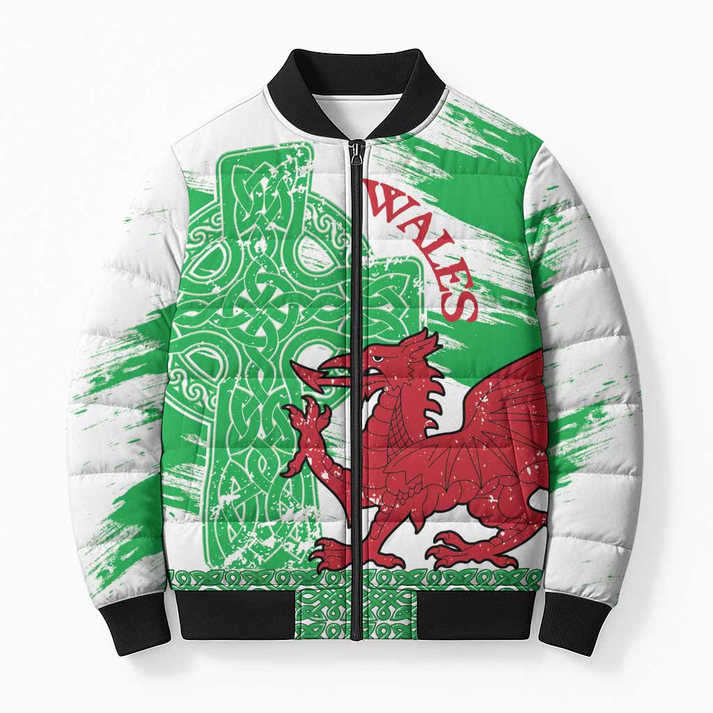 Grunge Green Wales Bomber Puffer Jacket Celtic Cross Welsh Red Dragon - Wonder Print Shop