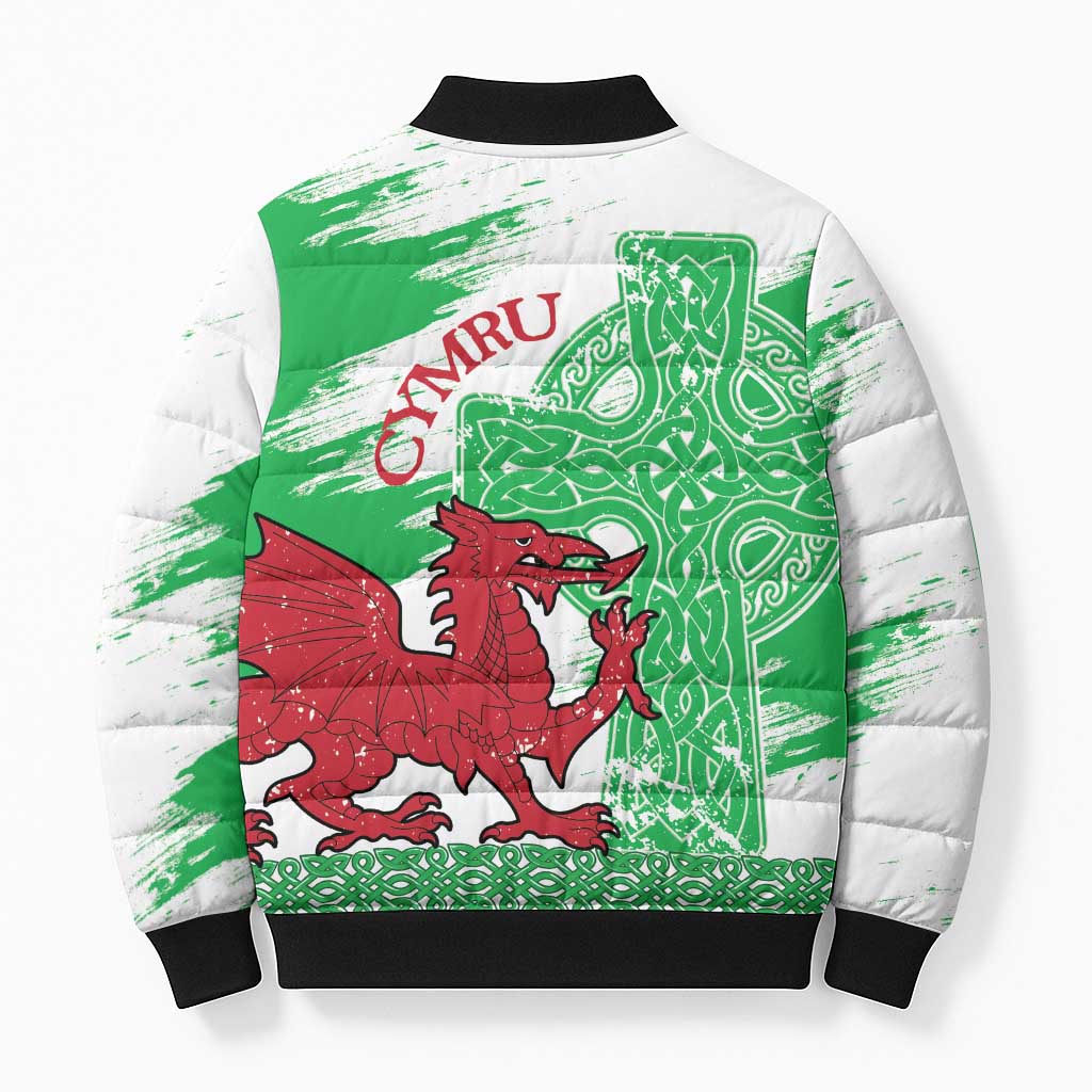 Grunge Green Wales Bomber Puffer Jacket Celtic Cross Welsh Red Dragon - Wonder Print Shop