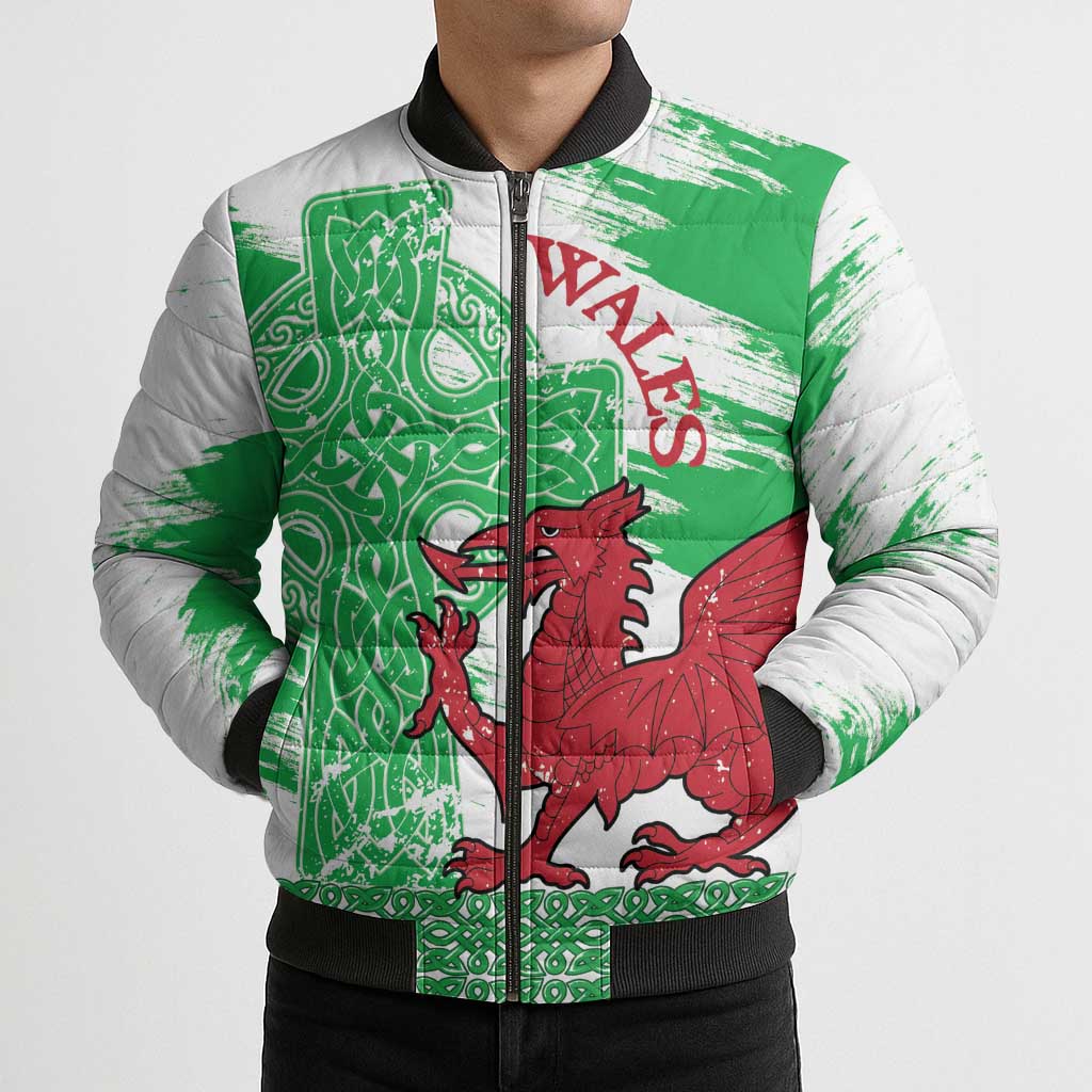 Grunge Green Wales Bomber Puffer Jacket Celtic Cross Welsh Red Dragon - Wonder Print Shop