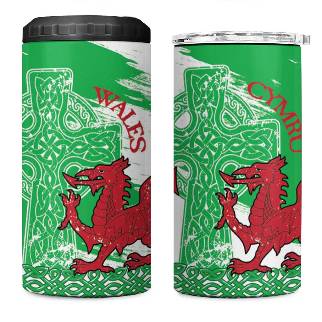 Grunge Green Wales 4 in 1 Can Cooler Tumbler Celtic Cross Welsh Red Dragon - Wonder Print Shop