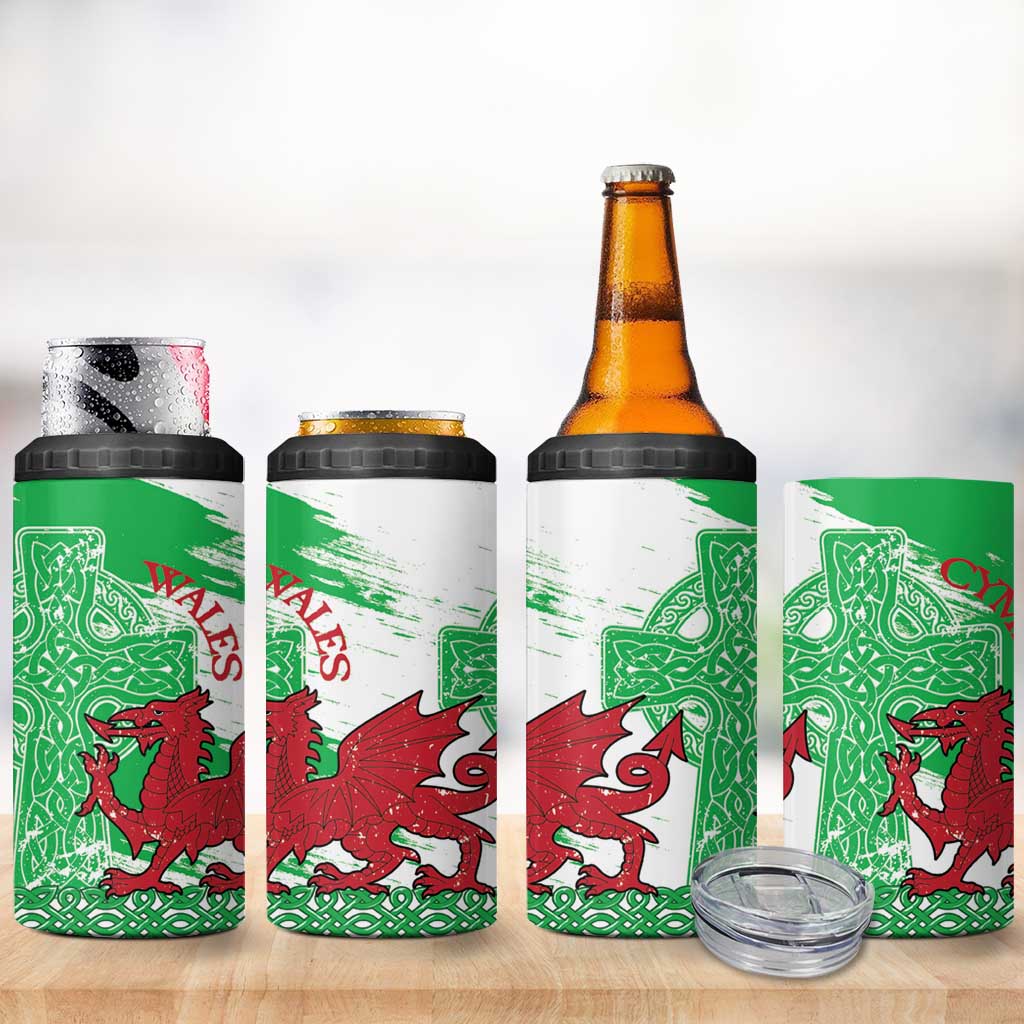 Grunge Green Wales 4 in 1 Can Cooler Tumbler Celtic Cross Welsh Red Dragon - Wonder Print Shop