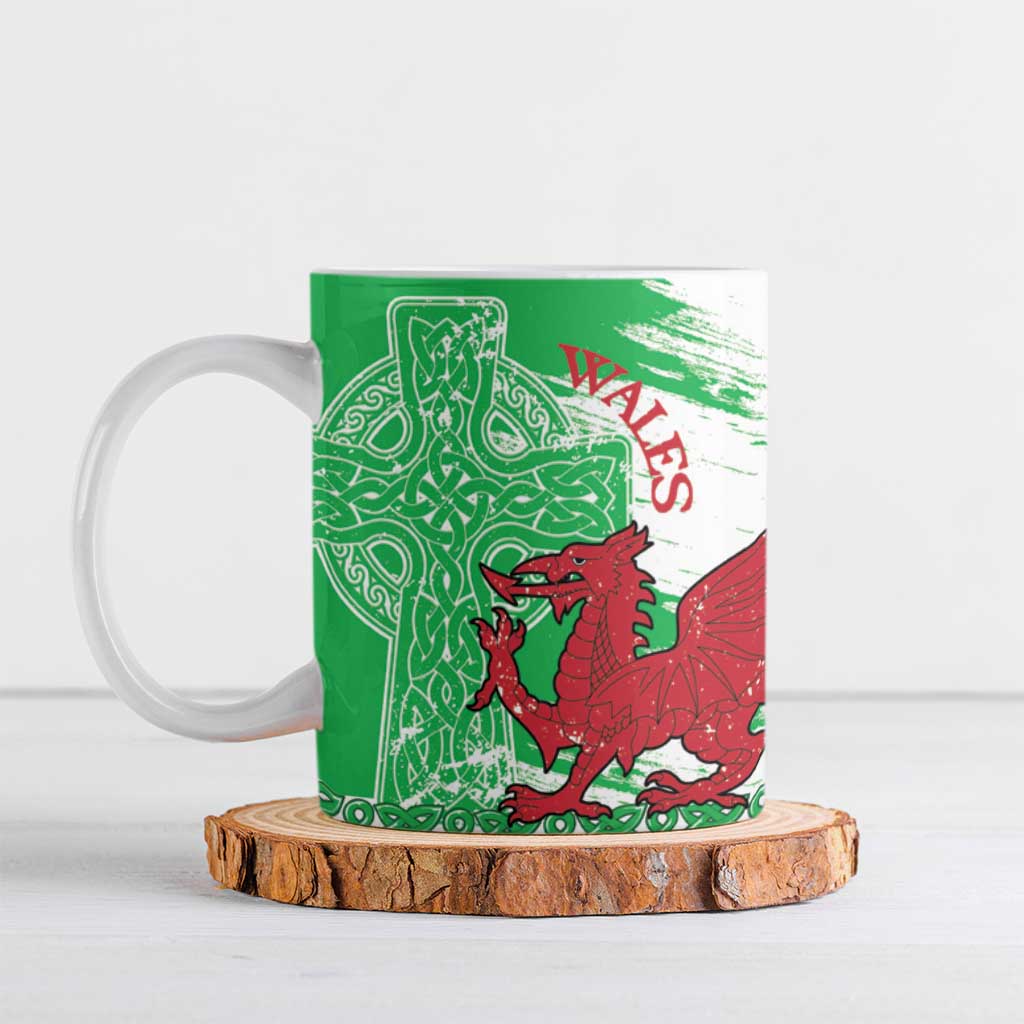 Grunge Green Wales Ceramic Mug Celtic Cross Welsh Red Dragon - Wonder Print Shop