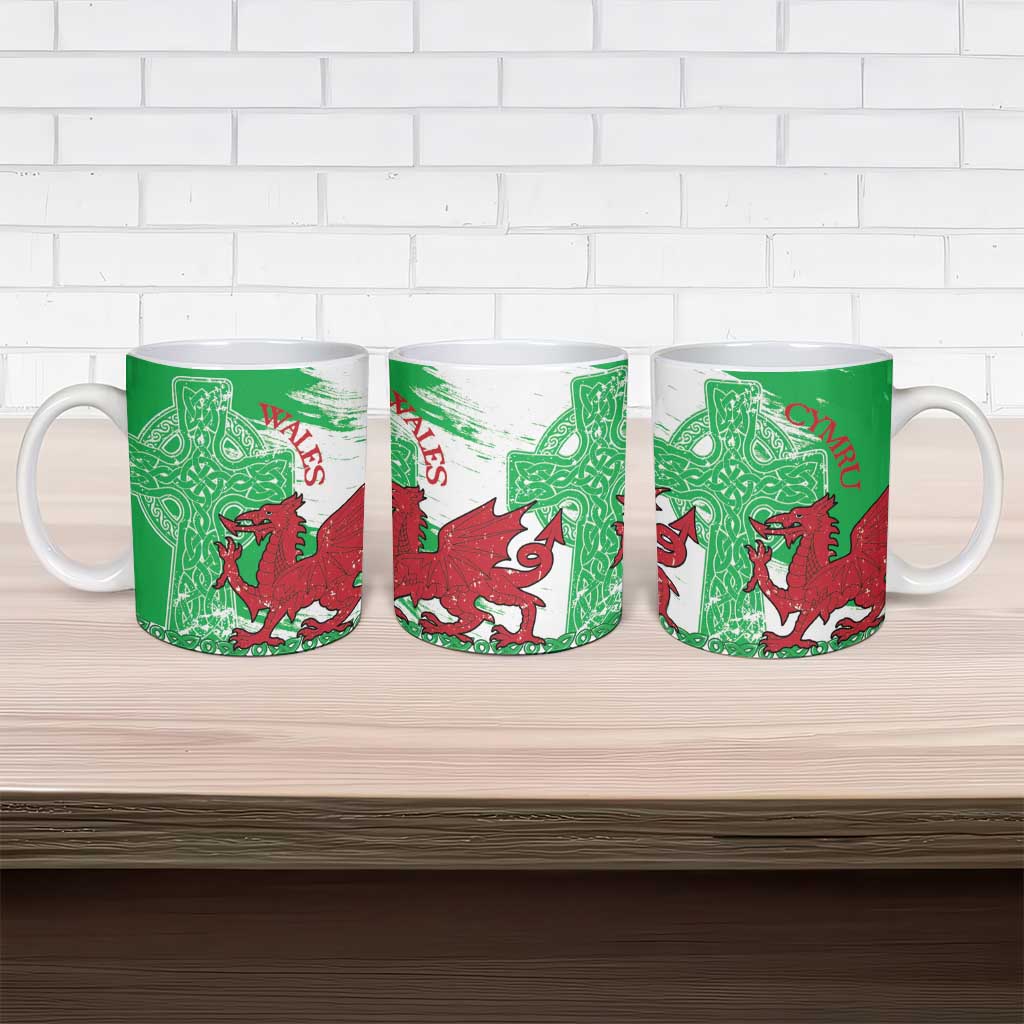Grunge Green Wales Ceramic Mug Celtic Cross Welsh Red Dragon - Wonder Print Shop