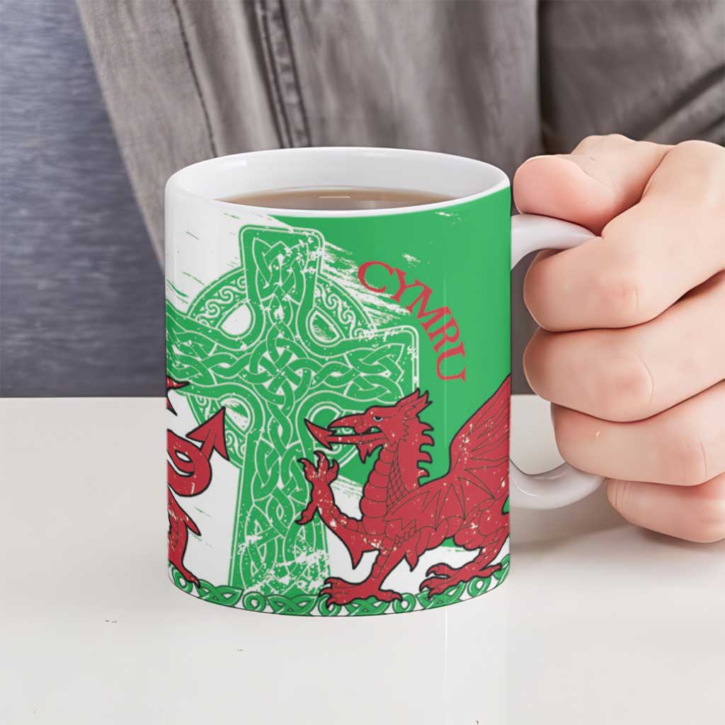 Grunge Green Wales Ceramic Mug Celtic Cross Welsh Red Dragon - Wonder Print Shop