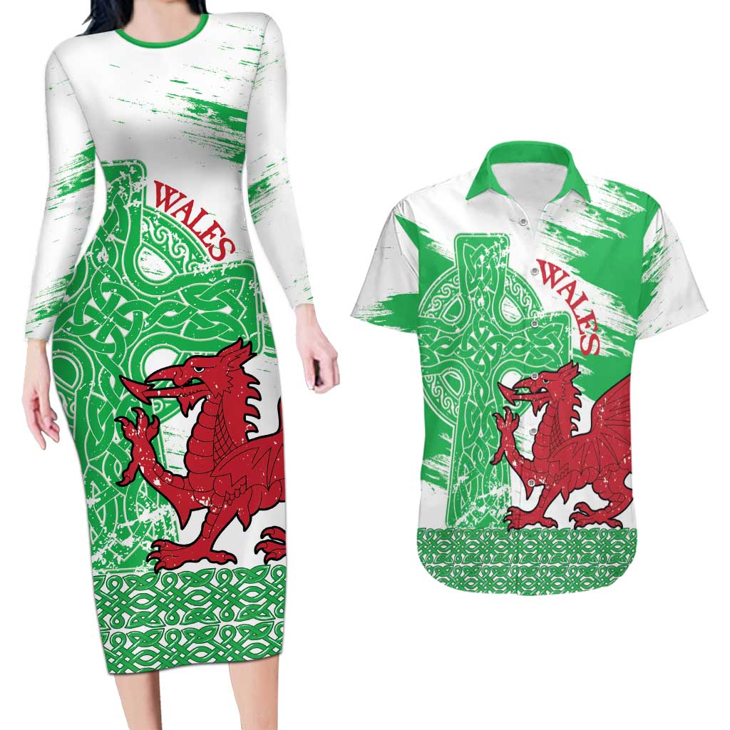 Grunge Green Wales Couples Matching Long Sleeve Bodycon Dress and Hawaiian Shirt Celtic Cross Welsh Red Dragon - Wonder Print Shop