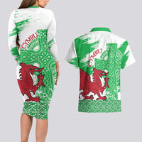 Grunge Green Wales Couples Matching Long Sleeve Bodycon Dress and Hawaiian Shirt Celtic Cross Welsh Red Dragon - Wonder Print Shop