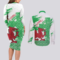 Grunge Green Wales Couples Matching Long Sleeve Bodycon Dress and Long Sleeve Button Shirt Celtic Cross Welsh Red Dragon - Wonder Print Shop