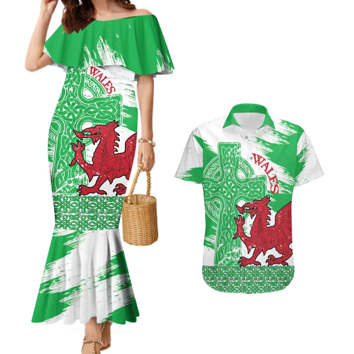 Grunge Green Wales Couples Matching Mermaid Dress and Hawaiian Shirt Celtic Cross Welsh Red Dragon - Wonder Print Shop