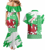 Grunge Green Wales Couples Matching Mermaid Dress and Hawaiian Shirt Celtic Cross Welsh Red Dragon - Wonder Print Shop