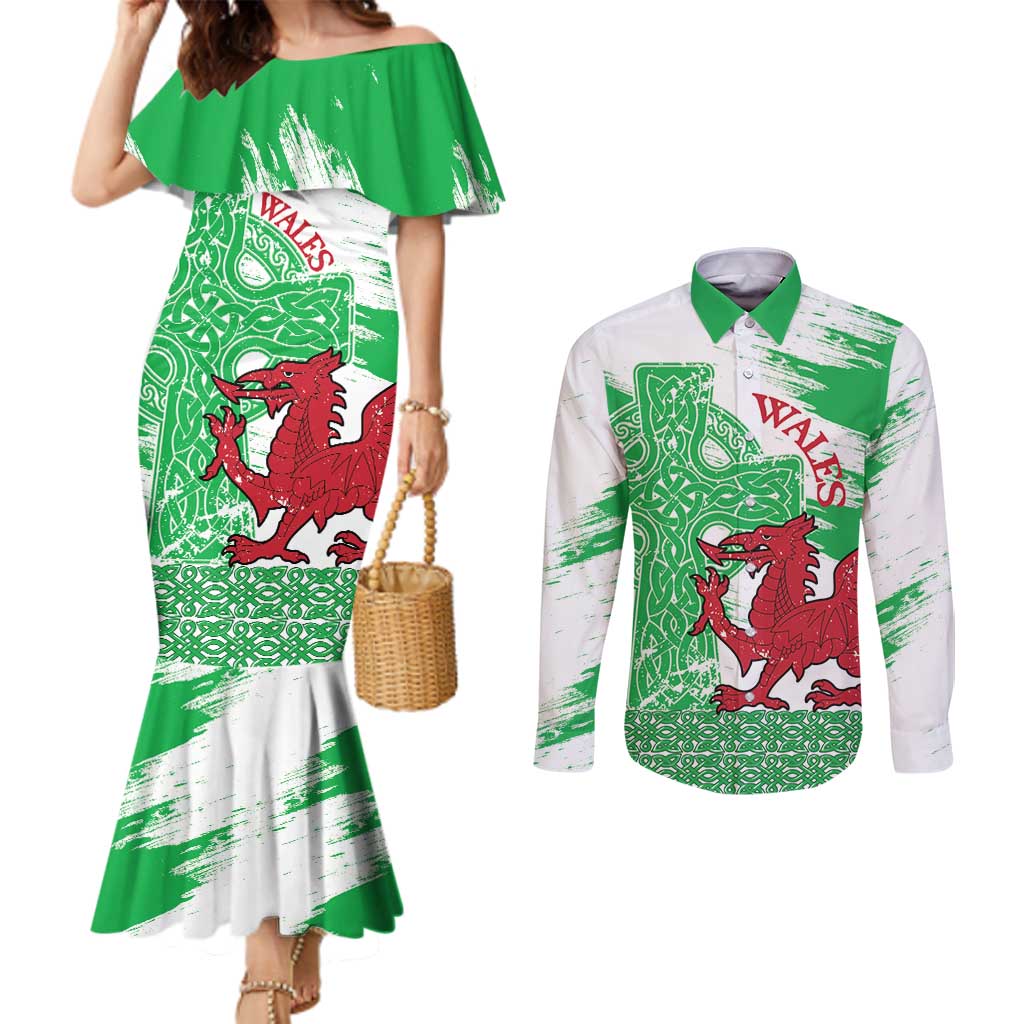Grunge Green Wales Couples Matching Mermaid Dress and Long Sleeve Button Shirt Celtic Cross Welsh Red Dragon - Wonder Print Shop