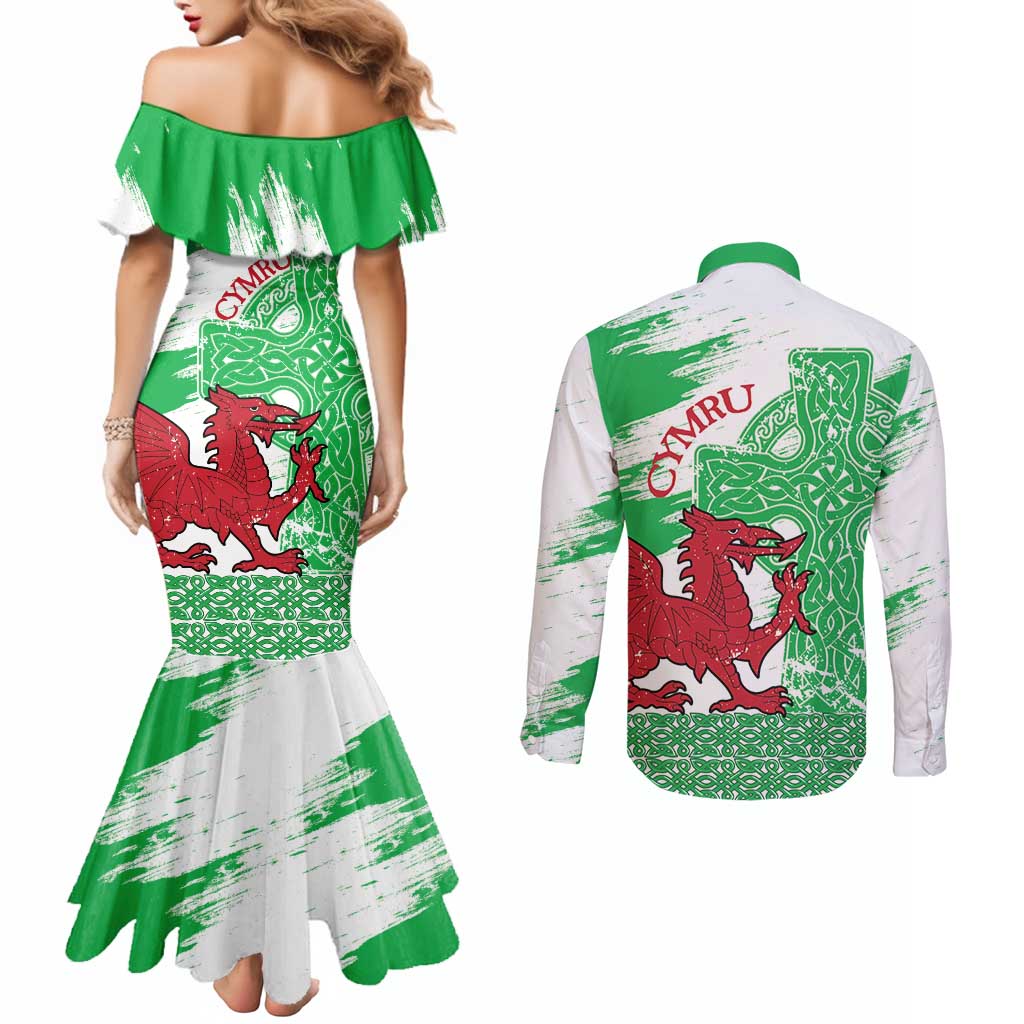 Grunge Green Wales Couples Matching Mermaid Dress and Long Sleeve Button Shirt Celtic Cross Welsh Red Dragon - Wonder Print Shop