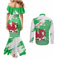 Grunge Green Wales Couples Matching Mermaid Dress and Long Sleeve Button Shirt Celtic Cross Welsh Red Dragon - Wonder Print Shop