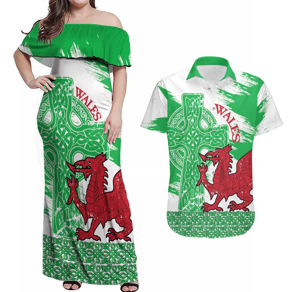Grunge Green Wales Couples Matching Off Shoulder Maxi Dress and Hawaiian Shirt Celtic Cross Welsh Red Dragon - Wonder Print Shop