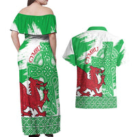 Grunge Green Wales Couples Matching Off Shoulder Maxi Dress and Hawaiian Shirt Celtic Cross Welsh Red Dragon - Wonder Print Shop