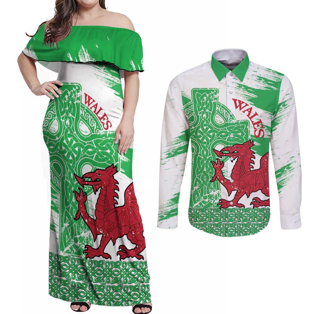 Grunge Green Wales Couples Matching Off Shoulder Maxi Dress and Long Sleeve Button Shirt Celtic Cross Welsh Red Dragon - Wonder Print Shop