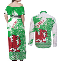 Grunge Green Wales Couples Matching Off Shoulder Maxi Dress and Long Sleeve Button Shirt Celtic Cross Welsh Red Dragon - Wonder Print Shop